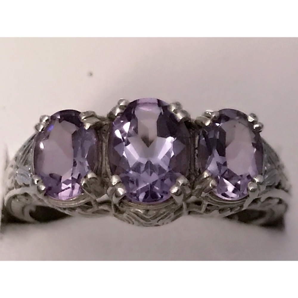 Genuine 925 Silver 3 Amethyst Stone Ring SZ 10